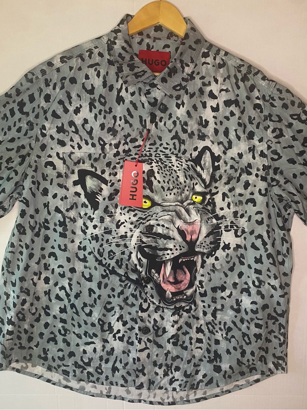 HUGO Boss Leopard Panther Luxury Slim Fit Print Button Shirt Men XL Gray NWT